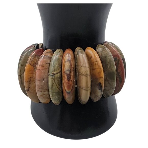 Natural Jasper Stretch Bracelet Multicolor Half Moon Wedges Green Red Orange 8" - Picture 12 of 15
